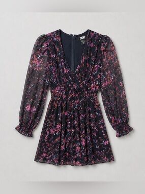 DKNY Black Floral V-Neck Long Sleeve Peplum Tunic